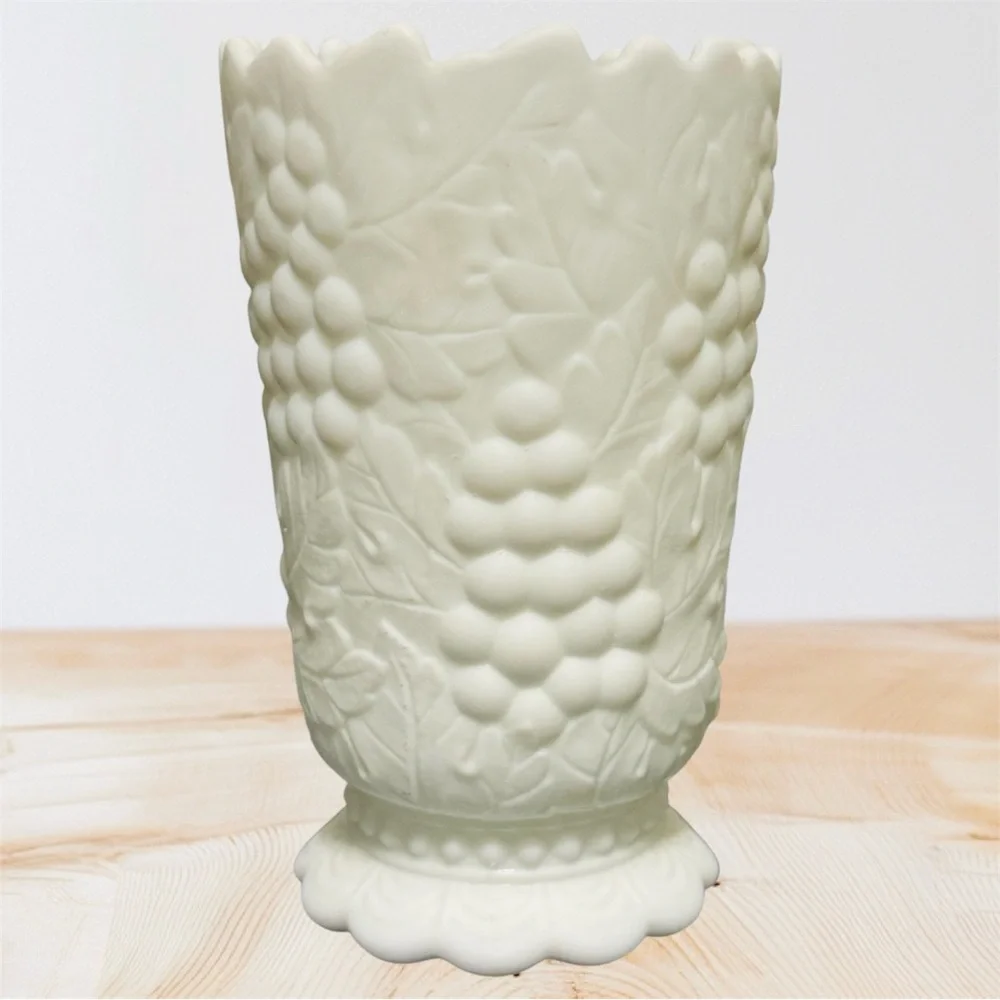Vintage 1950s Imperial Glass Milk Glass Doeskin footed Vase Colony Harvest Grape